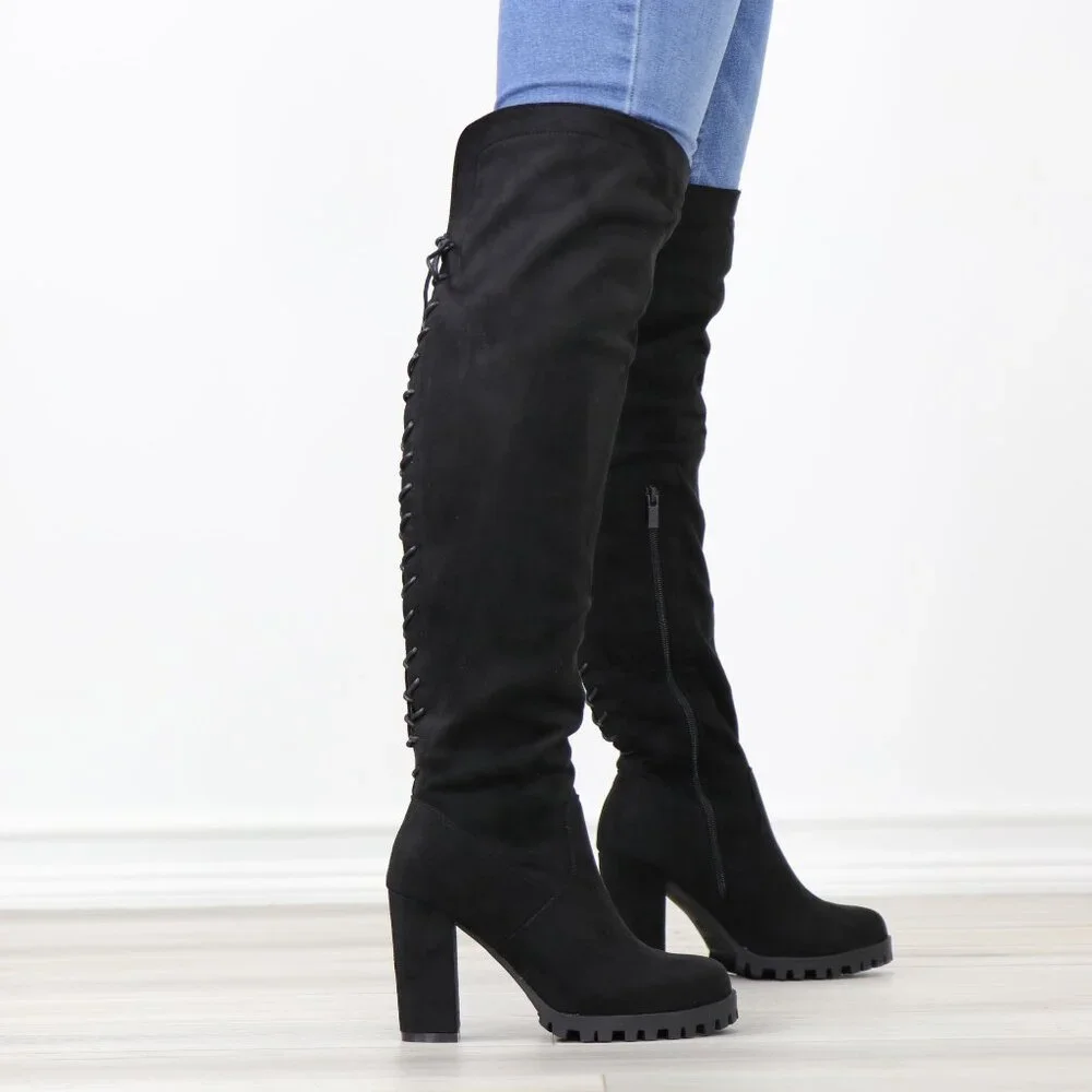 Full Lace-Up Back Black Faux Suede Thigh High Over The Knee Lug Block Heel Boots